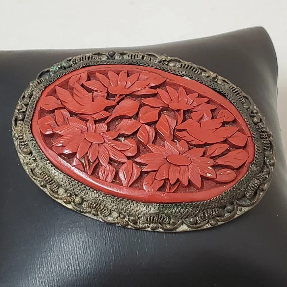 Vintage Chinese Carved Cinnabar Brooch Birds And Flowers Setting Filagree